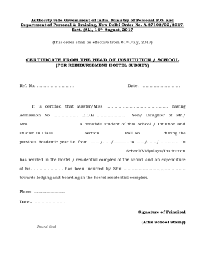 Hostel Subsidy Reimbursement Certificate
