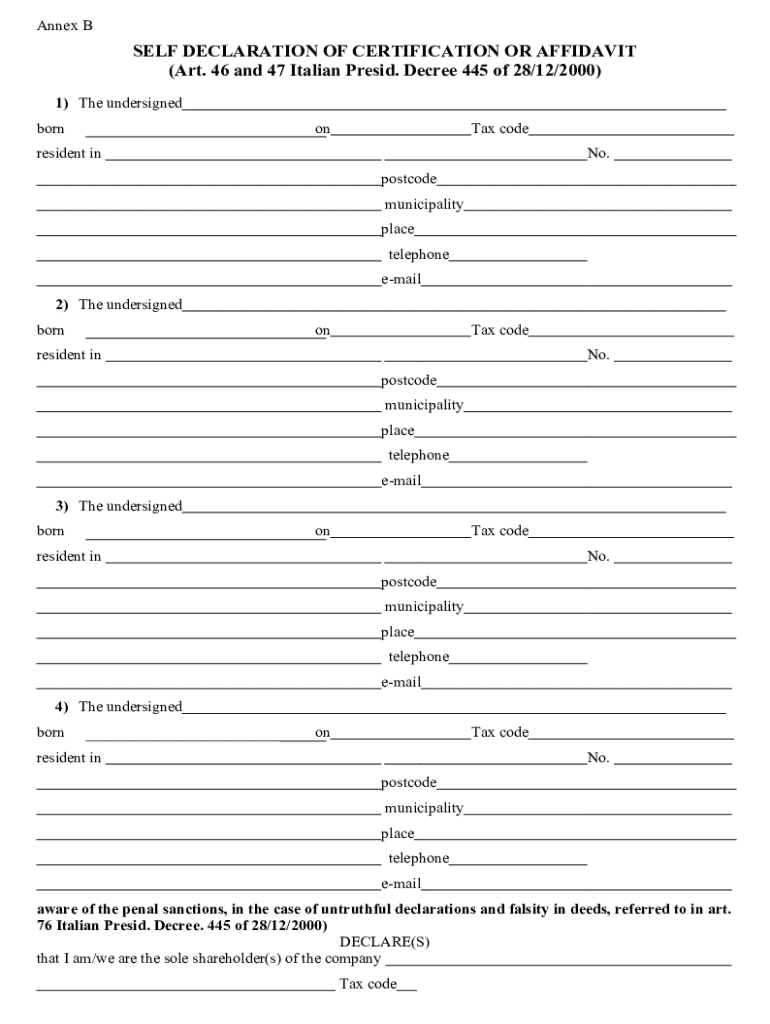 Self Declaration of Certification or Affidavit - Blank Fillable ...