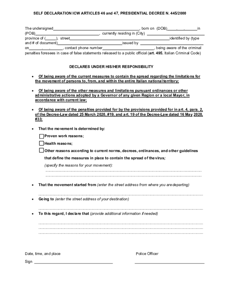 Self Declaration Form for Movement - Blank Fillable Template | Fill Out ...