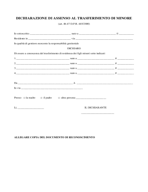 DICHIARAZIONE DI ASSENSO AL TRASFERIMENTO DI MINORE