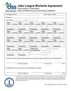 Jobs League Worksite Agreement - Participant Timesheet