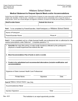 Oregon Special Meals Request Form