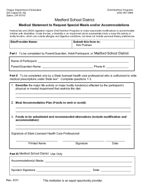 Oregon Medical Statement for Special Meals