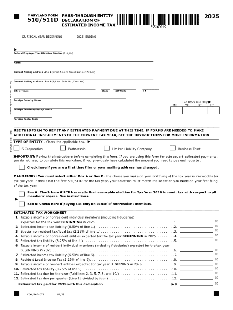 2025 Maryland Form 510-511D Pass-Through Entity Declaration of Estimated Income Tax Preview on Page 1