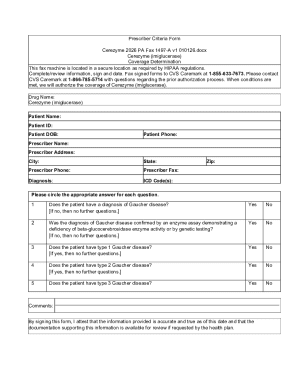 Prescriber Criteria Form for Cerezyme