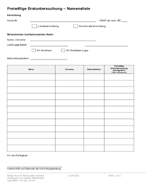 Freiwillige Erstuntersuchung Namensliste
