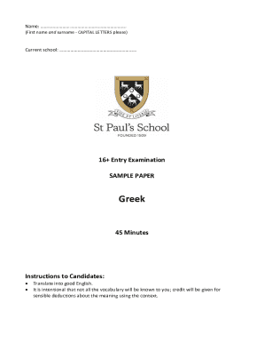 16+ Entry Examination Greek Sample Paper
