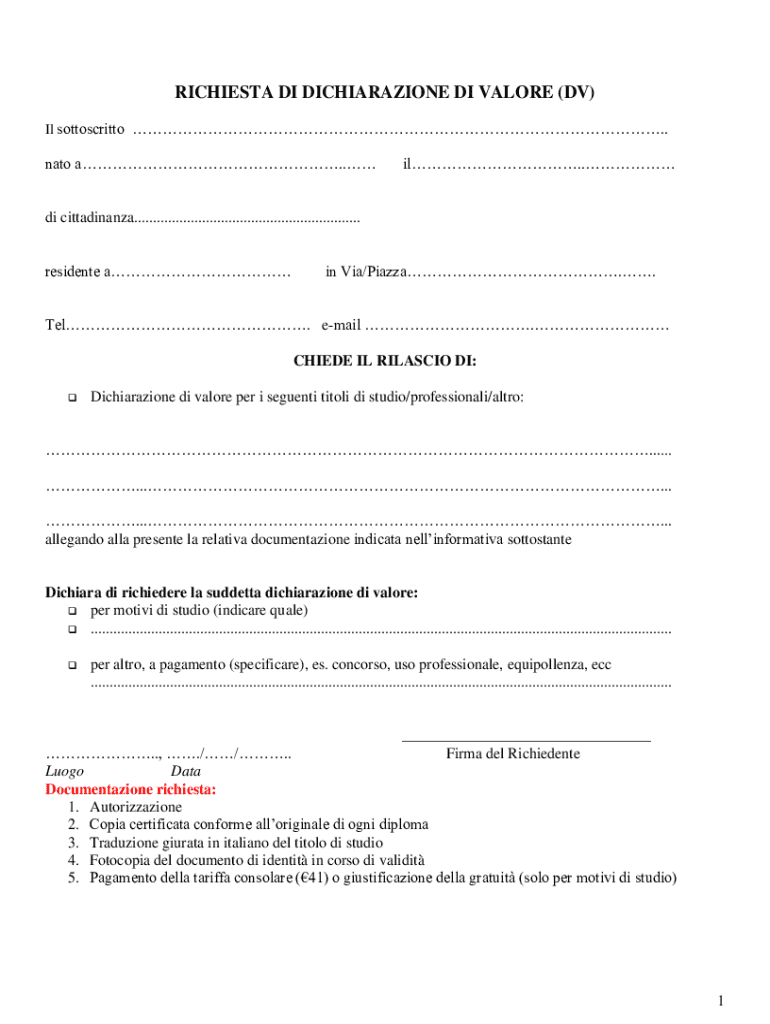 Italian Declaration of Value Request Form - Modello compilabile vuoto ...