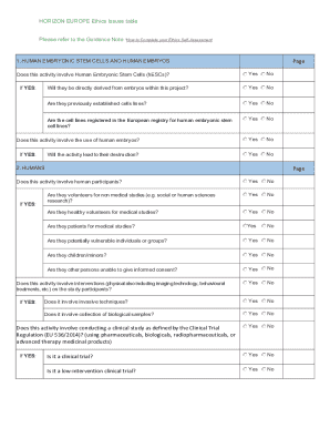 Horizon Europe Ethics Issues Table