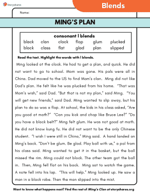 Ming's Plan - L Blends Worksheet