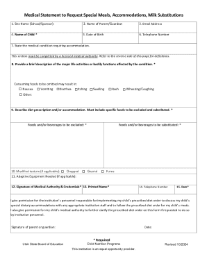 Medical Statement for Special Meals and Accommodations