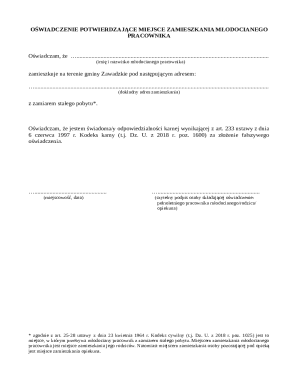 Oświadczenie Potwierdzające Miejsce Zamieszkania Młodocianego Pracownika
