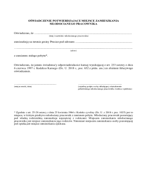 Młodociany Pracownik Residence Confirmation Form