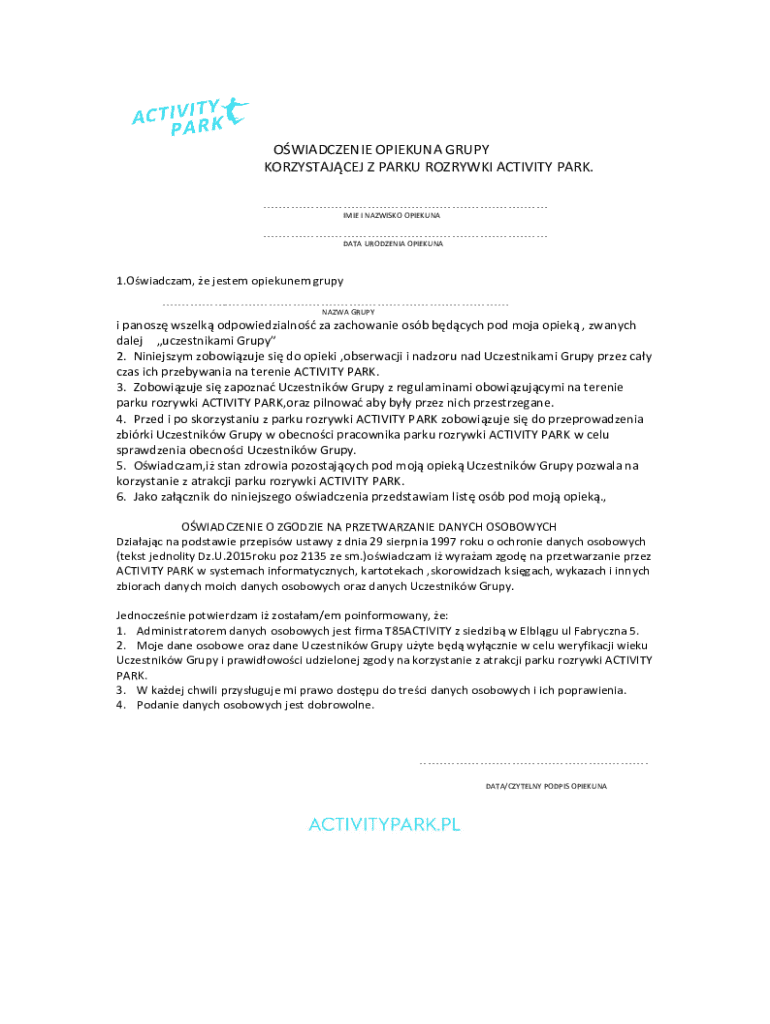 Activity Park Group Supervisor Declaration - Blank Fillable Template ...