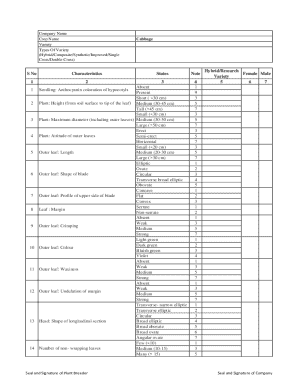 Cabbage Variety Characteristics Form