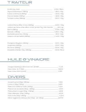 Restaurant Ingredient Price List