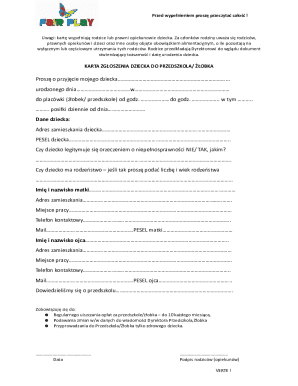 Child Enrollment Form for Kindergarten/Nursery