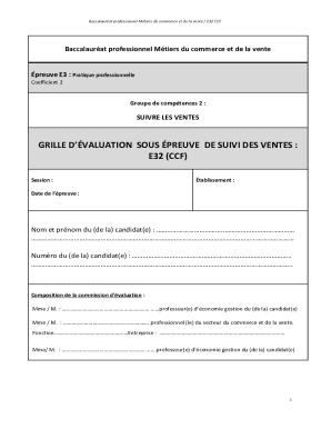 Baccalauréat Professionnel Commerce and Sales Evaluation Form