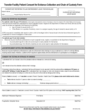 Transfer Facility Patient Consent for Evidence Collection and Chain of Custody Form