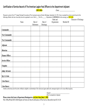 Certification of Service Record for American Legion Officers