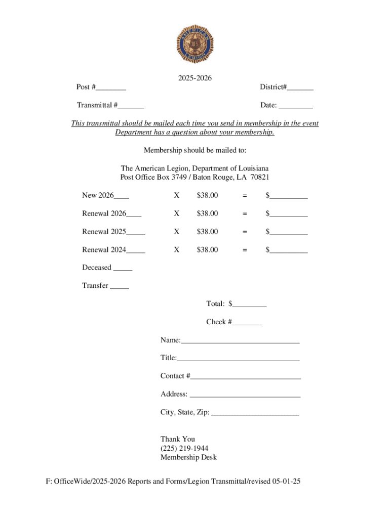 American Legion Membership Transmittal Form Preview on Page 1