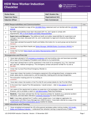 UQ HSW New Worker Induction Checklist