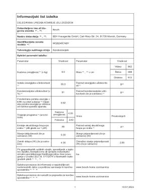 EU Product Information Sheet for Bosch WQB246CNBY Dryer