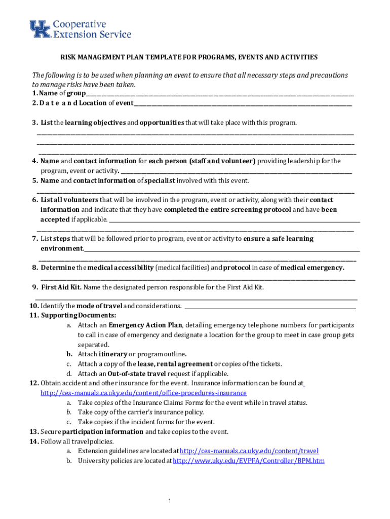 Fillable Online RISK MANAGEMENT PLAN TEMPLATE FOR PROGRAMS ... Fax ...