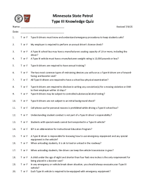 Minnesota Type III Driver Knowledge Quiz