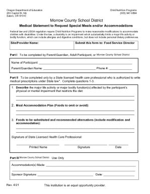 Oregon Special Meals Request Form
