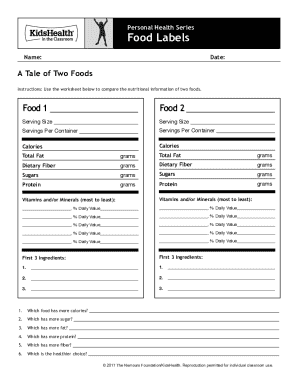 Food Labels Worksheet
