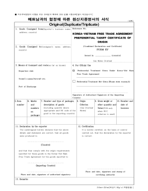 Korea-Vietnam Free Trade Agreement Certificate of Origin