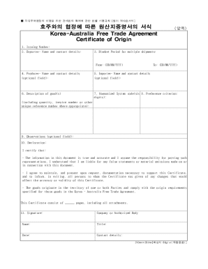 Korea-Australia Free Trade Agreement Certificate of Origin