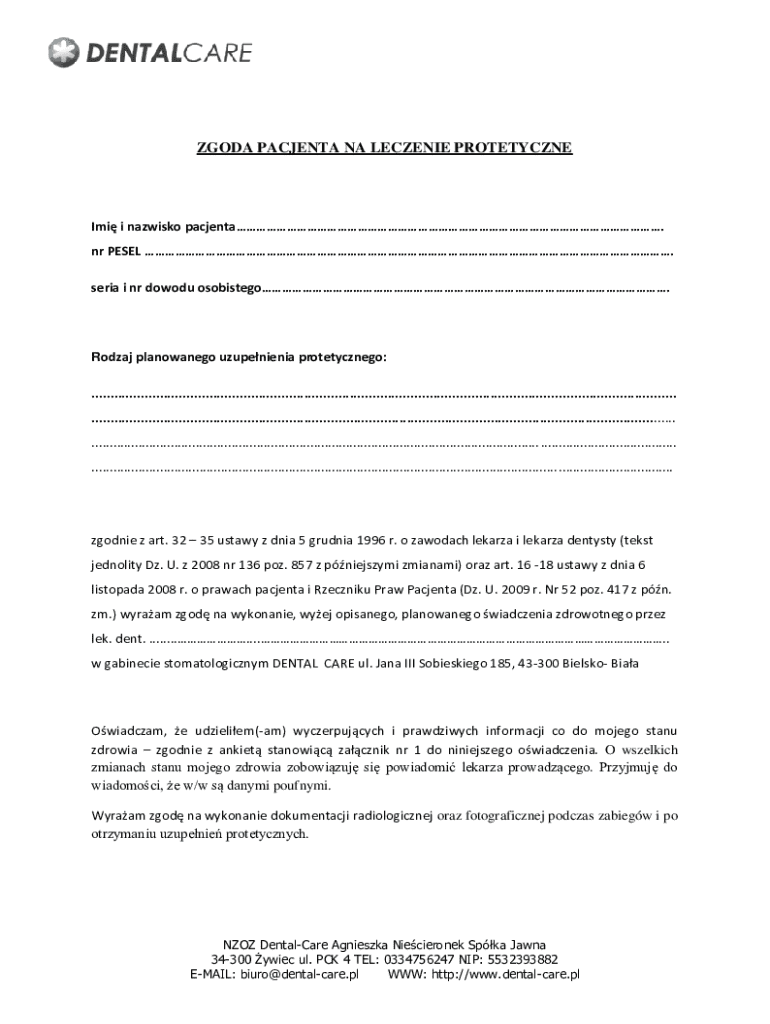 Dental Prosthetic Treatment Consent Form - Blank Fillable Template ...