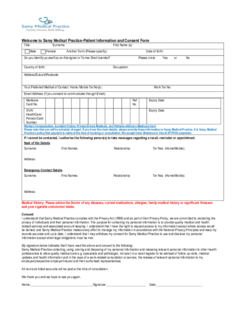 Patient Information and Consent Form - Blank Fillable Template | Fill ...