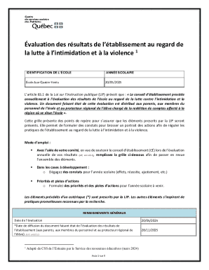 Quebec School Bullying and Violence Evaluation Form