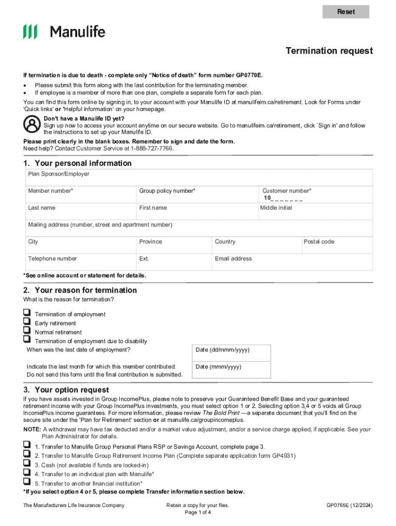 Manulife Termination Request Form - Blank Fillable Template | Fill Out ...