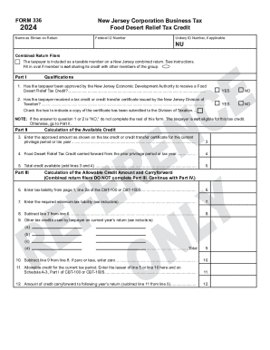 New Jersey Food Desert Relief Tax Credit Form 336