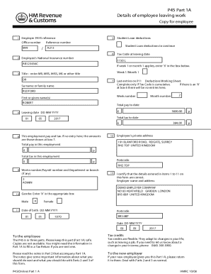 UK P45 Part 1A Form