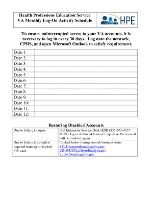 VA Monthly Log-On Activity Schedule