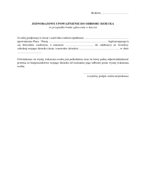 One-Time Authorization to Pick Up Child