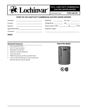 Point of Use Light Duty Commercial Electric Water Heater Submittal Sheet