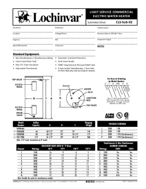 Commercial Electric Water Heater Submittal Sheet