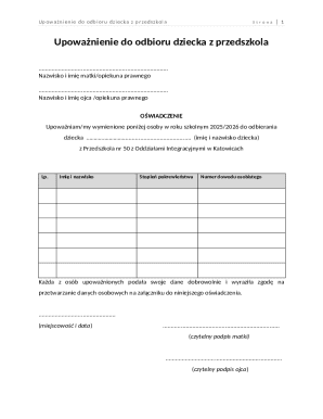 Upoważnienie do odbioru dziecka z przedszkola