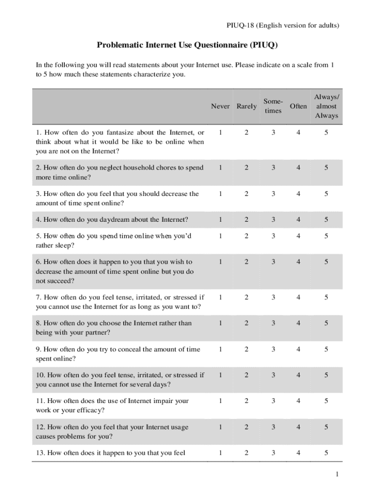 Problematic Internet Use Questionnaire (PIUQ-18) - Blank Fillable ...