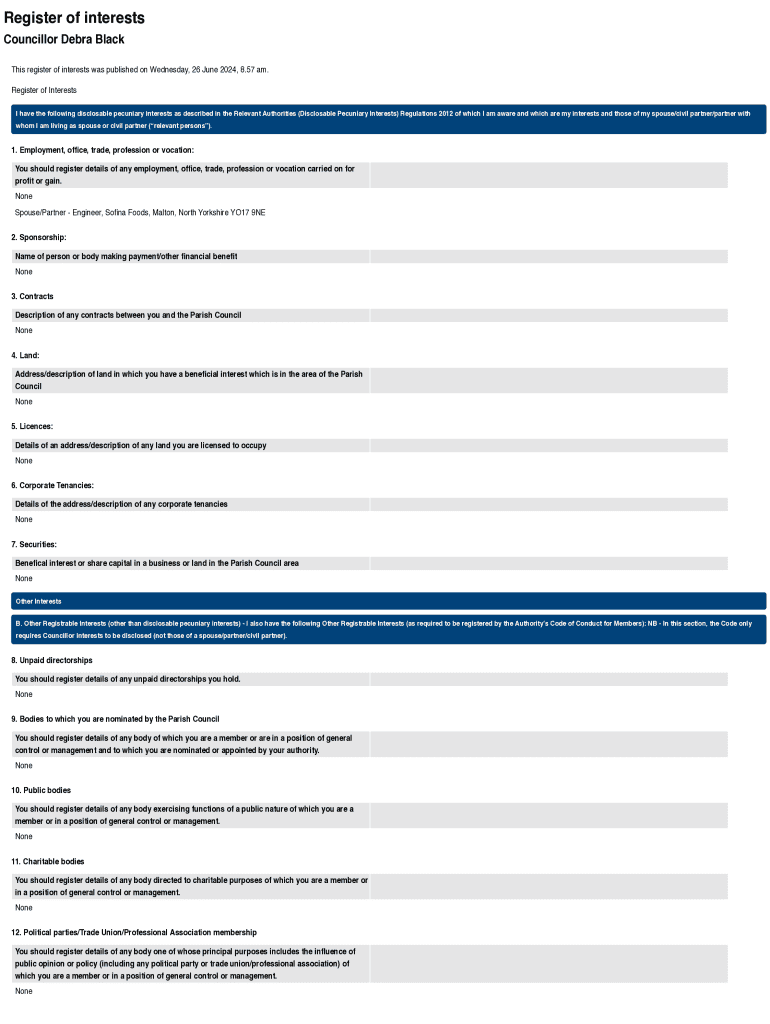 Director Interest Register Example Councillor Register of Interests - Blank Fillable Template | Fill Out ...
