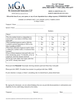 American Opportunity Tax Credit Verification Form