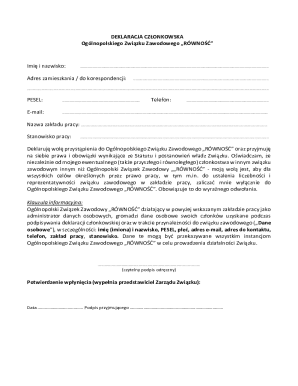 Ogólnopolski Związek Zawodowy RÓWNOŚĆ Membership Declaration