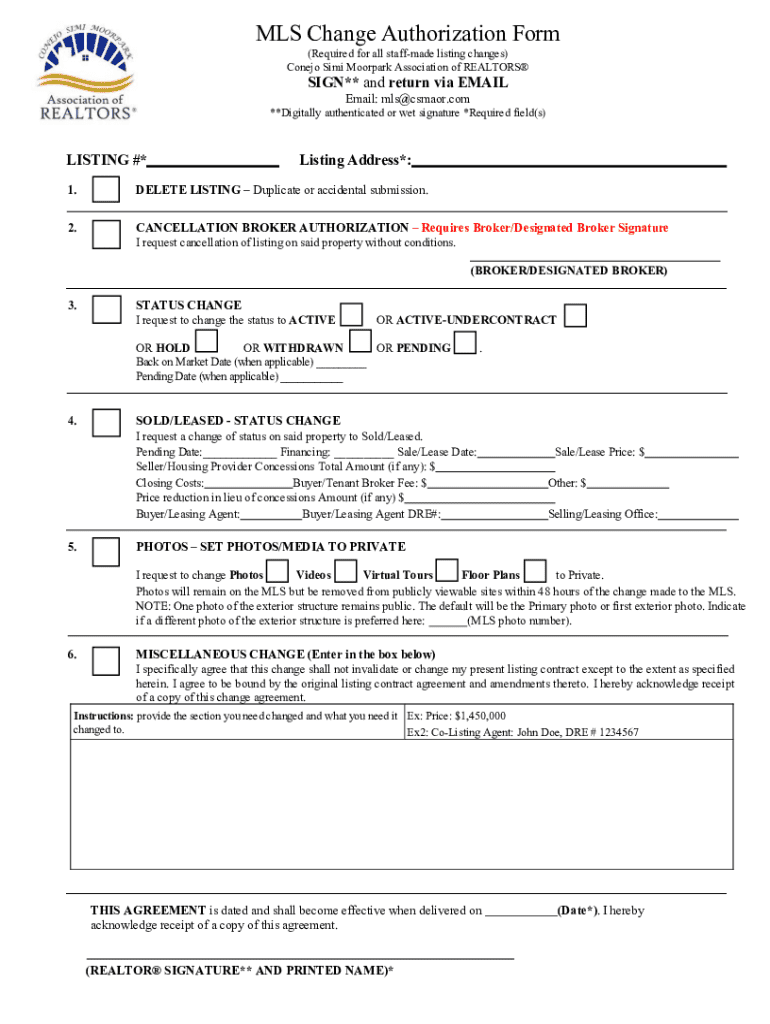 MLS Change Authorization Form - Blank Fillable Template | Fill Out ...