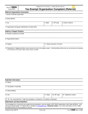 IRS Form 13909 Tax-Exempt Organization Complaint